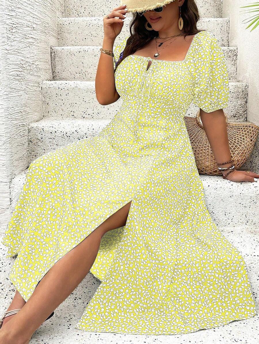 Breezaya Vestido de verano elegante de manga larga abultada, escote cuadrado, con corbata delantera y estampado floral diminuto, para vacaciones, talla grande, conjunto de mujer