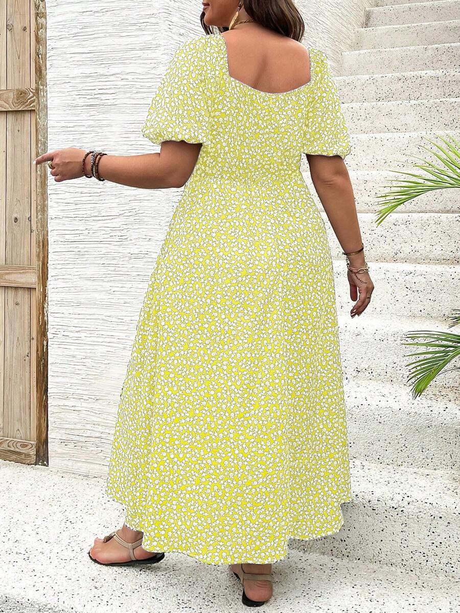 Breezaya Vestido de verano elegante de manga larga abultada, escote cuadrado, con corbata delantera y estampado floral diminuto, para vacaciones, talla grande, conjunto de mujer