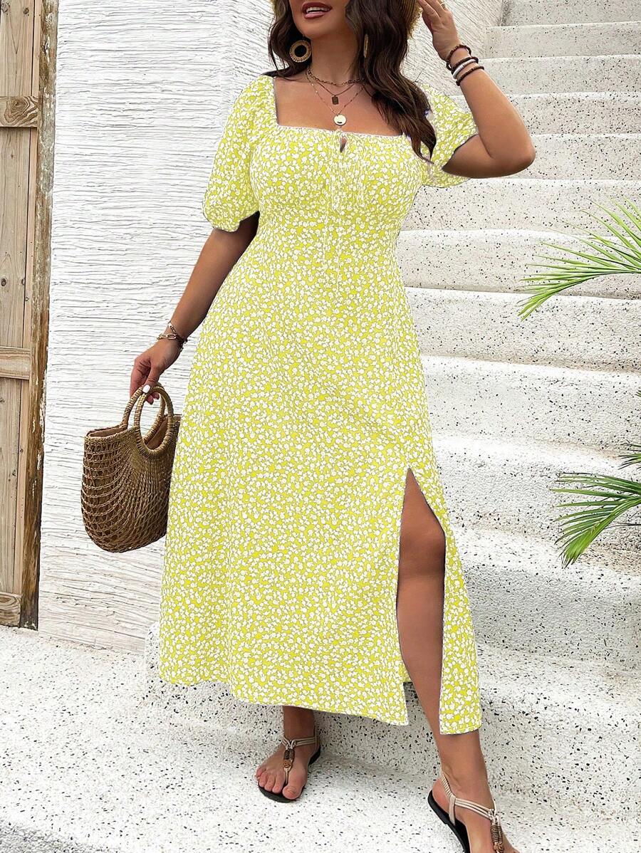 Breezaya Vestido de verano elegante de manga larga abultada, escote cuadrado, con corbata delantera y estampado floral diminuto, para vacaciones, talla grande, conjunto de mujer