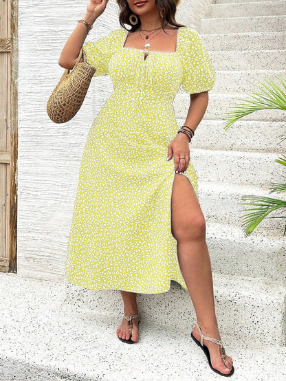 Breezaya Vestido de verano elegante de manga larga abultada, escote cuadrado, con corbata delantera y estampado floral diminuto, para vacaciones, talla grande, conjunto de mujer