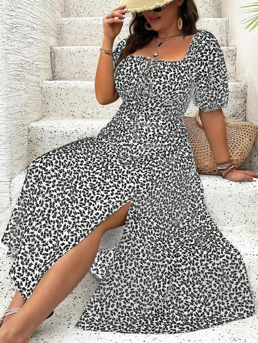 Breezaya Vestido de verano elegante de manga larga abultada, escote cuadrado, con corbata delantera y estampado floral diminuto, para vacaciones, talla grande, conjunto de mujer