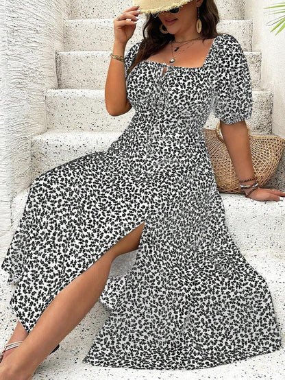 Breezaya Vestido de verano elegante de manga larga abultada, escote cuadrado, con corbata delantera y estampado floral diminuto, para vacaciones, talla grande, conjunto de mujer