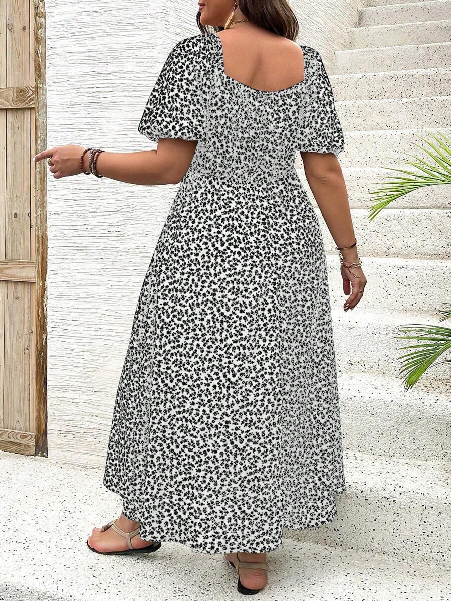Breezaya Vestido de verano elegante de manga larga abultada, escote cuadrado, con corbata delantera y estampado floral diminuto, para vacaciones, talla grande, conjunto de mujer