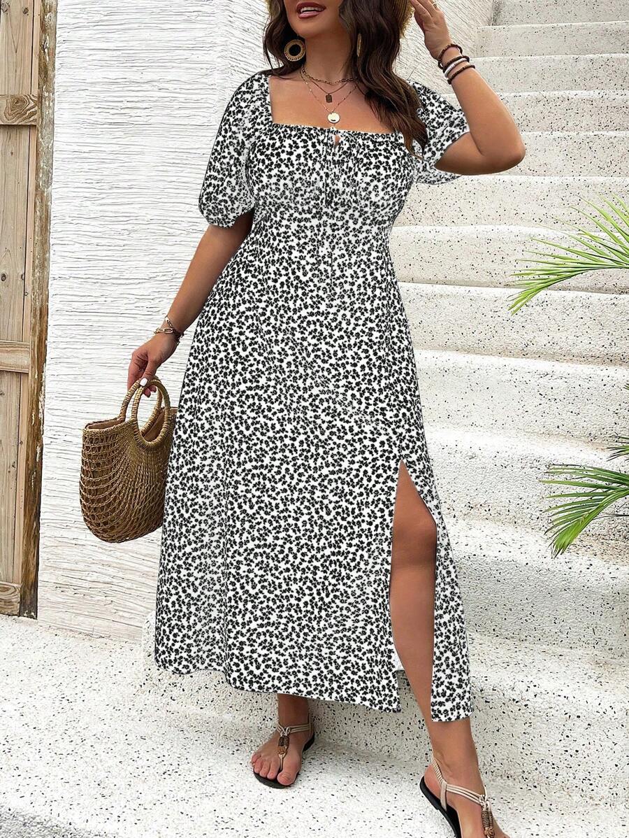 Breezaya Vestido de verano elegante de manga larga abultada, escote cuadrado, con corbata delantera y estampado floral diminuto, para vacaciones, talla grande, conjunto de mujer