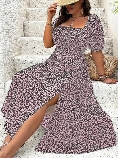 Breezaya Vestido de verano elegante de manga larga abultada, escote cuadrado, con corbata delantera y estampado floral diminuto, para vacaciones, talla grande, conjunto de mujer