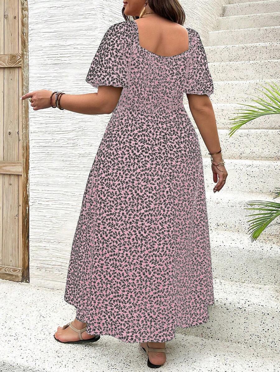 Breezaya Vestido de verano elegante de manga larga abultada, escote cuadrado, con corbata delantera y estampado floral diminuto, para vacaciones, talla grande, conjunto de mujer