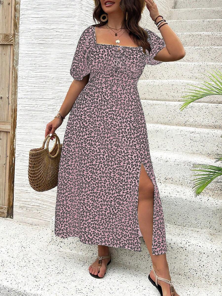 Breezaya Vestido de verano elegante de manga larga abultada, escote cuadrado, con corbata delantera y estampado floral diminuto, para vacaciones, talla grande, conjunto de mujer