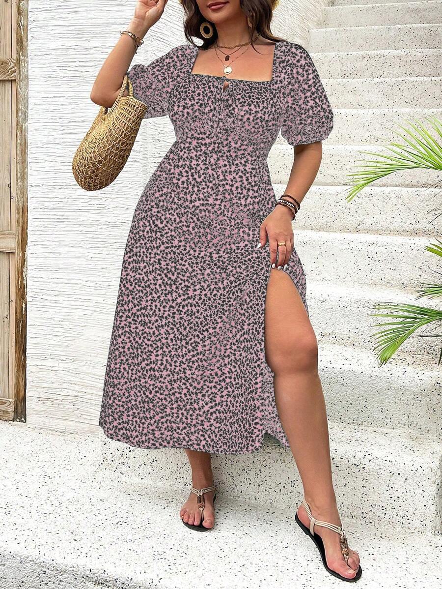 Breezaya Vestido de verano elegante de manga larga abultada, escote cuadrado, con corbata delantera y estampado floral diminuto, para vacaciones, talla grande, conjunto de mujer