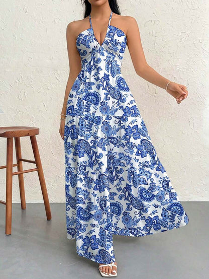 Firerie Women's Romantic Floral Printed Beach Vacation Halter V-Neck Pleated Backless A-Line Dress For Summer Hawaii,Summer Dresses For Women,Tea Party Dress,White Graduation Dress