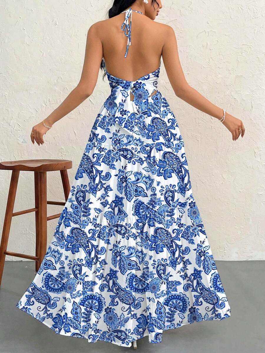 Firerie Women's Romantic Floral Printed Beach Vacation Halter V-Neck Pleated Backless A-Line Dress For Summer Hawaii,Summer Dresses For Women,Tea Party Dress,White Graduation Dress