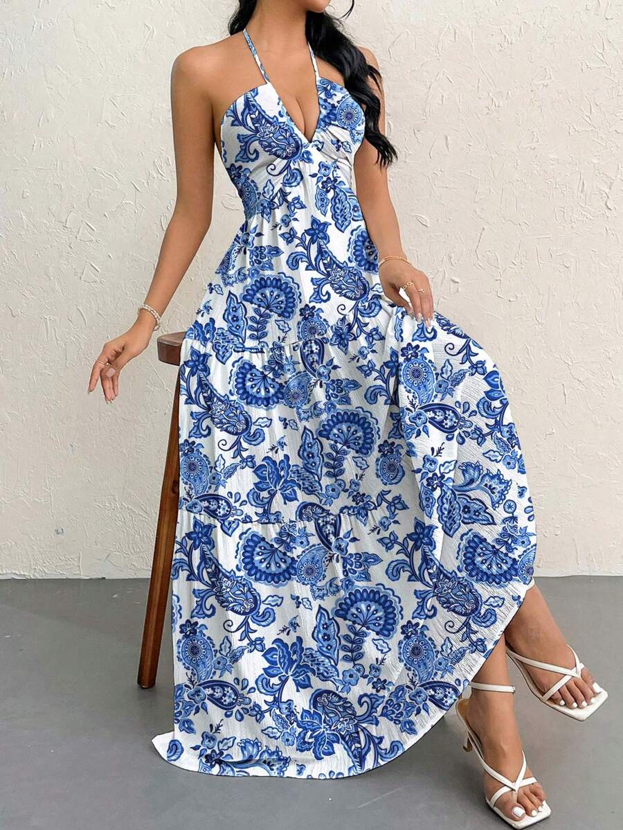 Firerie Women's Romantic Floral Printed Beach Vacation Halter V-Neck Pleated Backless A-Line Dress For Summer Hawaii,Summer Dresses For Women,Tea Party Dress,White Graduation Dress