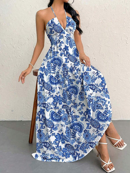 Firerie Women's Romantic Floral Printed Beach Vacation Halter V-Neck Pleated Backless A-Line Dress For Summer Hawaii,Summer Dresses For Women,Tea Party Dress,White Graduation Dress