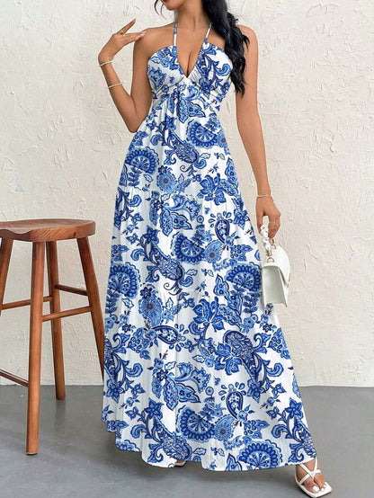 Firerie Women's Romantic Floral Printed Beach Vacation Halter V-Neck Pleated Backless A-Line Dress For Summer Hawaii,Summer Dresses For Women,Tea Party Dress,White Graduation Dress