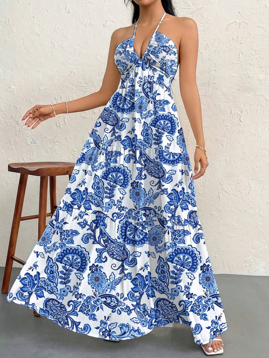 Firerie Women's Romantic Floral Printed Beach Vacation Halter V-Neck Pleated Backless A-Line Dress For Summer Hawaii,Summer Dresses For Women,Tea Party Dress,White Graduation Dress