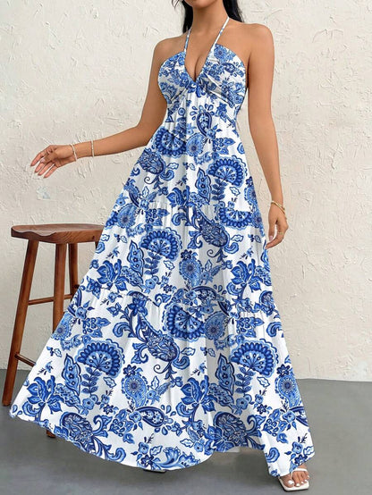 Firerie Women's Romantic Floral Printed Beach Vacation Halter V-Neck Pleated Backless A-Line Dress For Summer Hawaii,Summer Dresses For Women,Tea Party Dress,White Graduation Dress