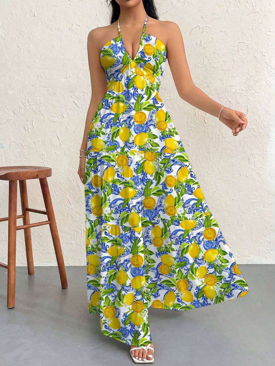 Firerie Women's Romantic Floral Printed Beach Vacation Halter V-Neck Pleated Backless A-Line Dress For Summer Hawaii,Summer Dresses For Women,Tea Party Dress,White Graduation Dress
