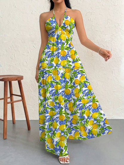 Firerie Women's Romantic Floral Printed Beach Vacation Halter V-Neck Pleated Backless A-Line Dress For Summer Hawaii,Summer Dresses For Women,Tea Party Dress,White Graduation Dress