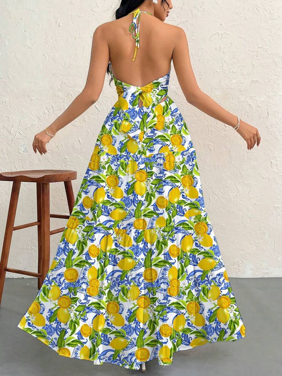 Firerie Women's Romantic Floral Printed Beach Vacation Halter V-Neck Pleated Backless A-Line Dress For Summer Hawaii,Summer Dresses For Women,Tea Party Dress,White Graduation Dress