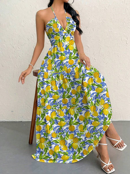 Firerie Women's Romantic Floral Printed Beach Vacation Halter V-Neck Pleated Backless A-Line Dress For Summer Hawaii,Summer Dresses For Women,Tea Party Dress,White Graduation Dress