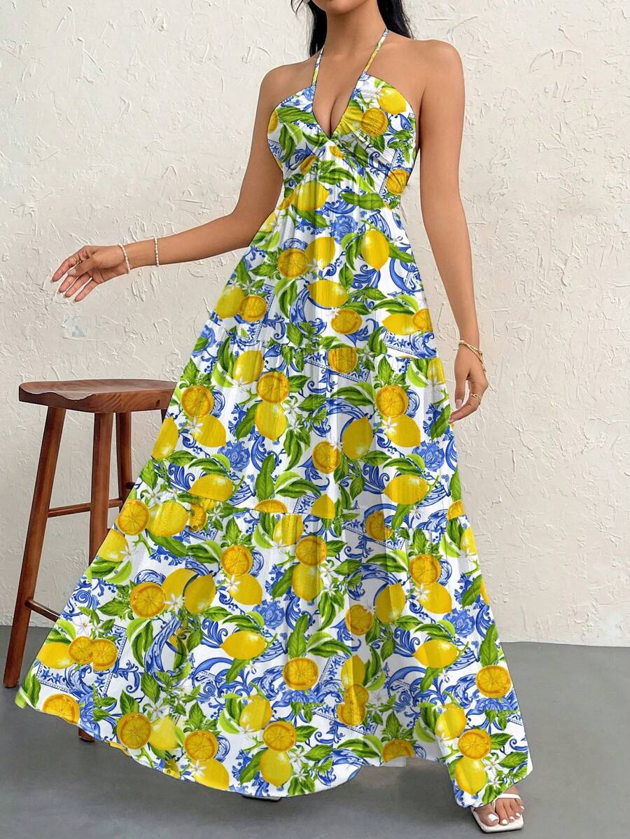 Firerie Women's Romantic Floral Printed Beach Vacation Halter V-Neck Pleated Backless A-Line Dress For Summer Hawaii,Summer Dresses For Women,Tea Party Dress,White Graduation Dress