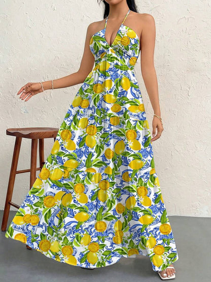 Firerie Women's Romantic Floral Printed Beach Vacation Halter V-Neck Pleated Backless A-Line Dress For Summer Hawaii,Summer Dresses For Women,Tea Party Dress,White Graduation Dress
