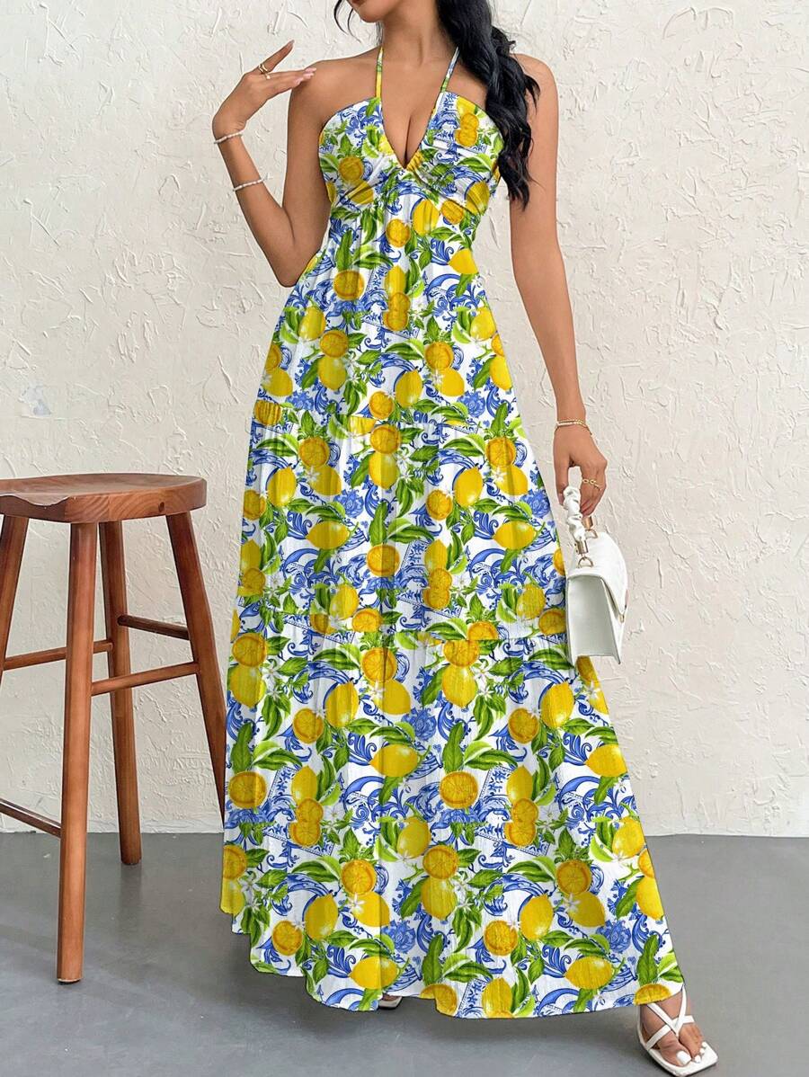 Firerie Women's Romantic Floral Printed Beach Vacation Halter V-Neck Pleated Backless A-Line Dress For Summer Hawaii,Summer Dresses For Women,Tea Party Dress,White Graduation Dress