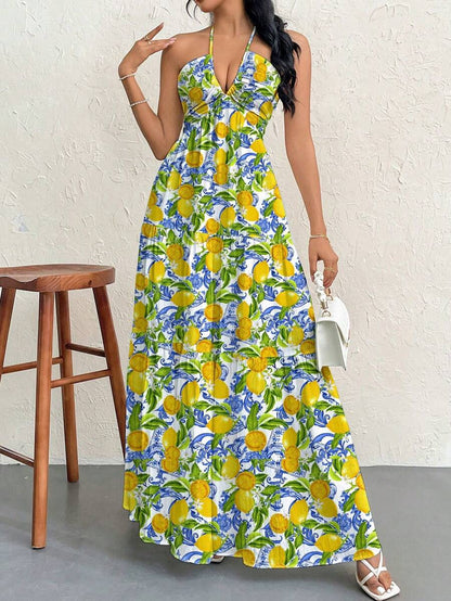 Firerie Women's Romantic Floral Printed Beach Vacation Halter V-Neck Pleated Backless A-Line Dress For Summer Hawaii,Summer Dresses For Women,Tea Party Dress,White Graduation Dress