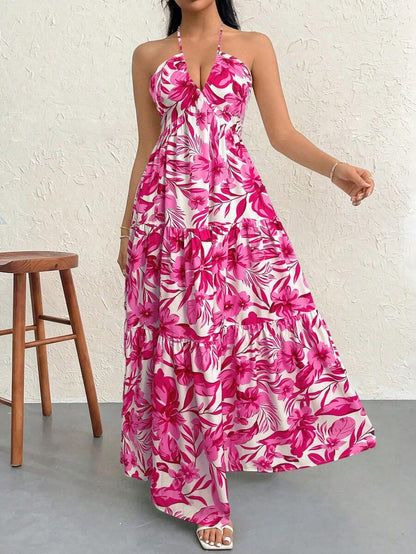 Firerie Women's Romantic Floral Printed Beach Vacation Halter V-Neck Pleated Backless A-Line Dress For Summer Hawaii,Summer Dresses For Women,Tea Party Dress,White Graduation Dress