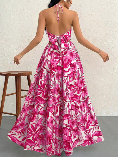 Firerie Women's Romantic Floral Printed Beach Vacation Halter V-Neck Pleated Backless A-Line Dress For Summer Hawaii,Summer Dresses For Women,Tea Party Dress,White Graduation Dress