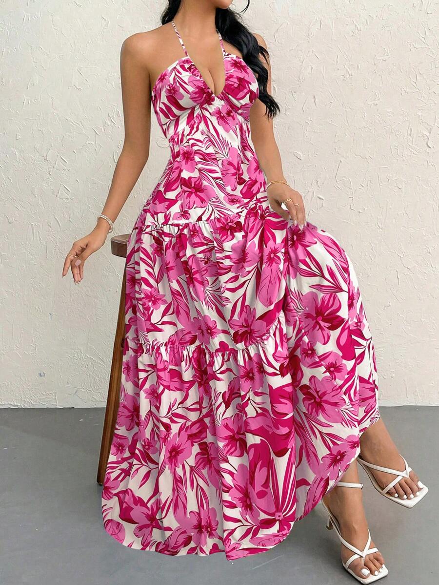 Firerie Women's Romantic Floral Printed Beach Vacation Halter V-Neck Pleated Backless A-Line Dress For Summer Hawaii,Summer Dresses For Women,Tea Party Dress,White Graduation Dress
