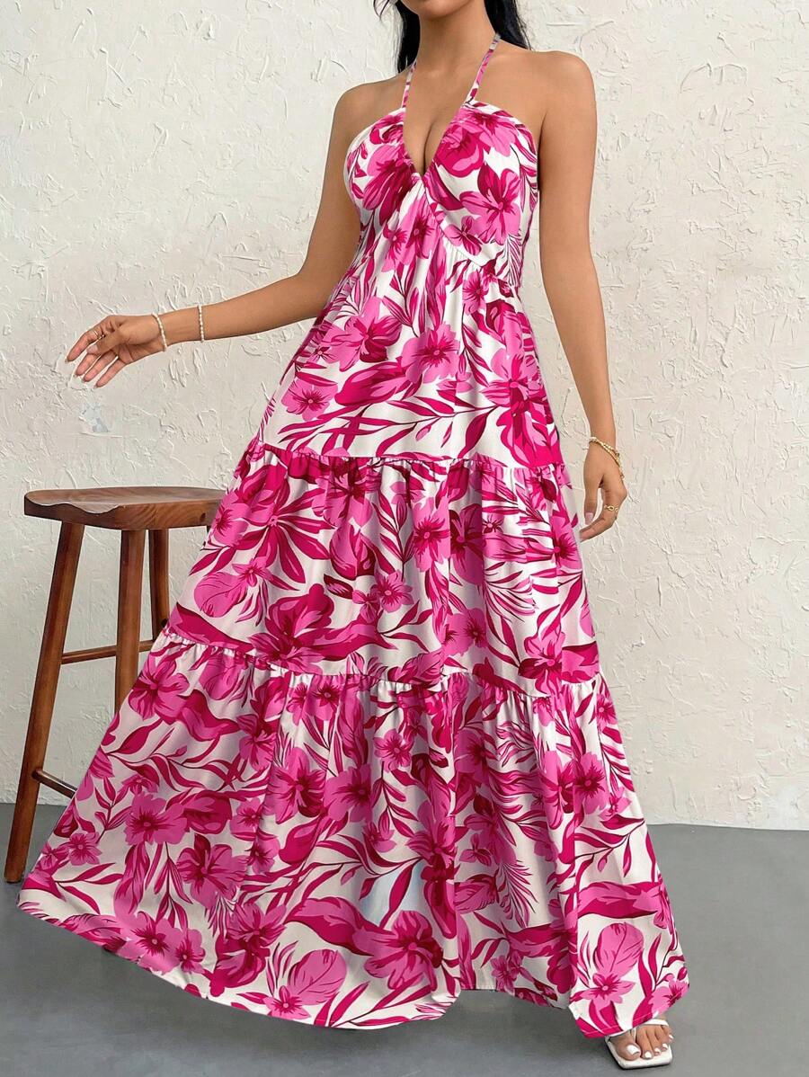 Firerie Women's Romantic Floral Printed Beach Vacation Halter V-Neck Pleated Backless A-Line Dress For Summer Hawaii,Summer Dresses For Women,Tea Party Dress,White Graduation Dress