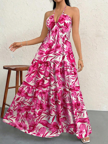 Firerie Women's Romantic Floral Printed Beach Vacation Halter V-Neck Pleated Backless A-Line Dress For Summer Hawaii,Summer Dresses For Women,Tea Party Dress,White Graduation Dress