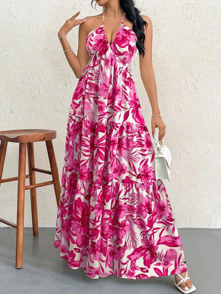 Firerie Women's Romantic Floral Printed Beach Vacation Halter V-Neck Pleated Backless A-Line Dress For Summer Hawaii,Summer Dresses For Women,Tea Party Dress,White Graduation Dress