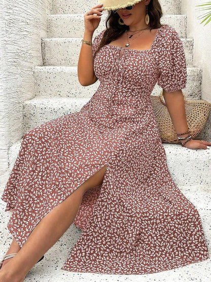 Breezaya Vestido de verano elegante de manga larga abultada, escote cuadrado, con corbata delantera y estampado floral diminuto, para vacaciones, talla grande, conjunto de mujer