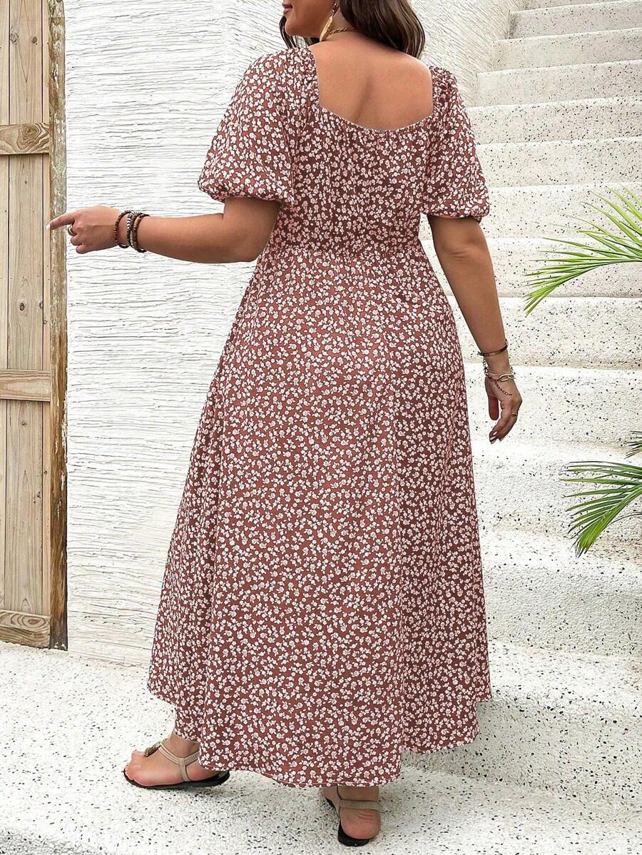 Breezaya Vestido de verano elegante de manga larga abultada, escote cuadrado, con corbata delantera y estampado floral diminuto, para vacaciones, talla grande, conjunto de mujer