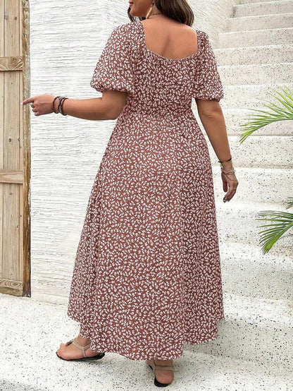 Breezaya Vestido de verano elegante de manga larga abultada, escote cuadrado, con corbata delantera y estampado floral diminuto, para vacaciones, talla grande, conjunto de mujer