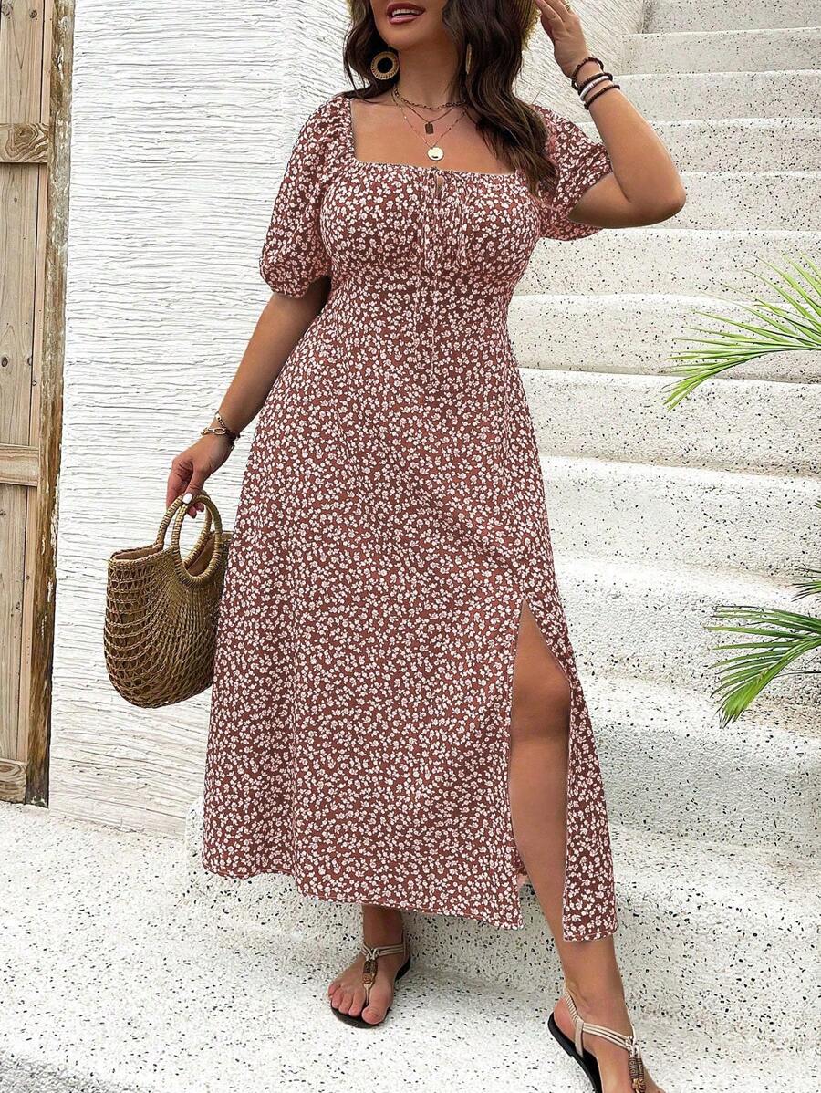 Breezaya Vestido de verano elegante de manga larga abultada, escote cuadrado, con corbata delantera y estampado floral diminuto, para vacaciones, talla grande, conjunto de mujer