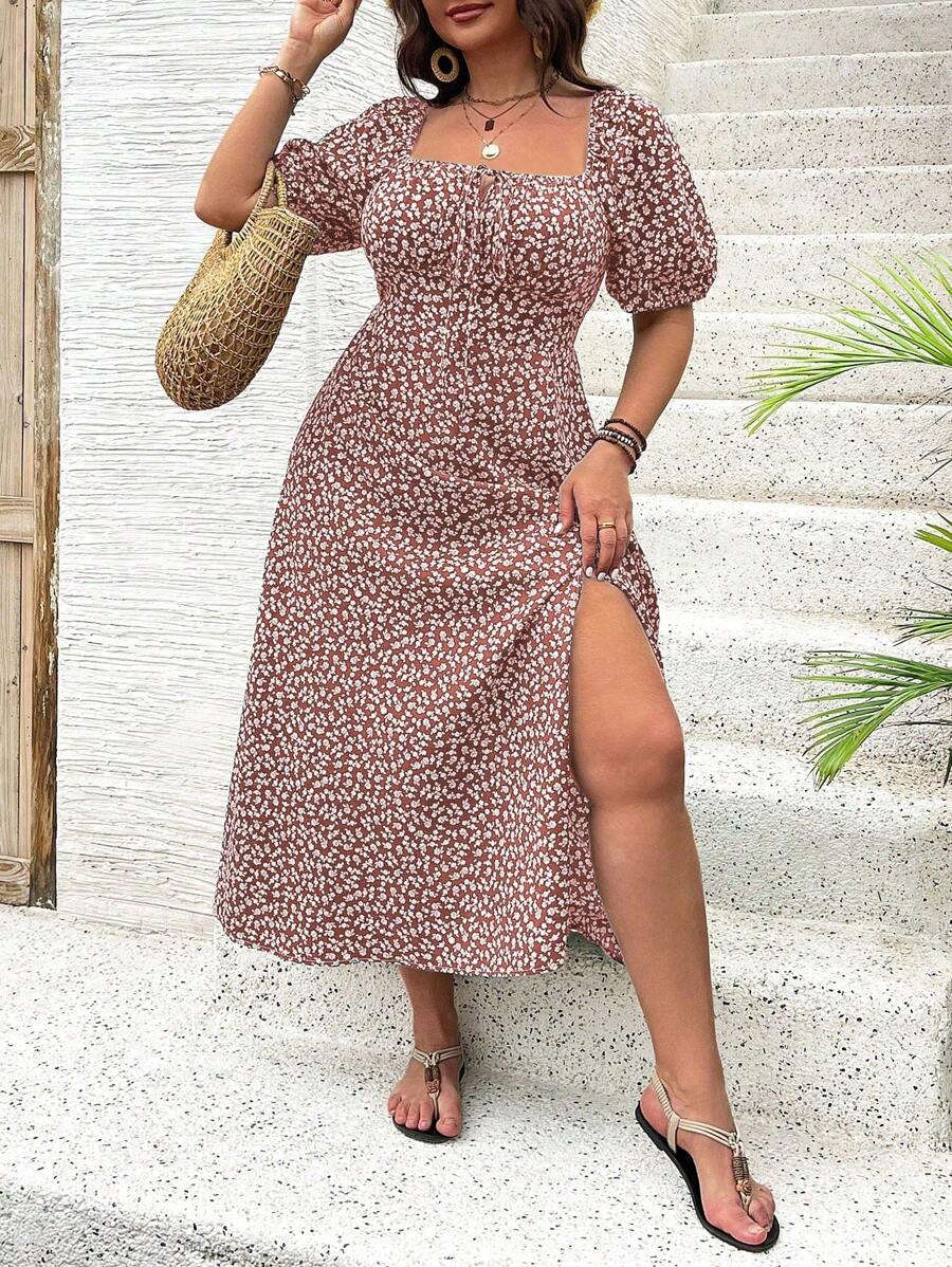Breezaya Vestido de verano elegante de manga larga abultada, escote cuadrado, con corbata delantera y estampado floral diminuto, para vacaciones, talla grande, conjunto de mujer