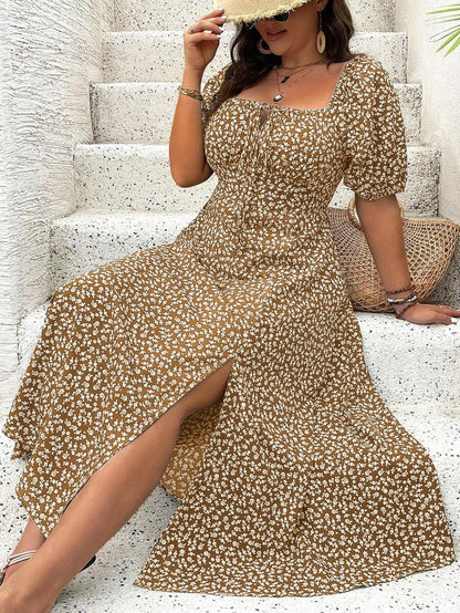 Breezaya Vestido de verano elegante de manga larga abultada, escote cuadrado, con corbata delantera y estampado floral diminuto, para vacaciones, talla grande, conjunto de mujer