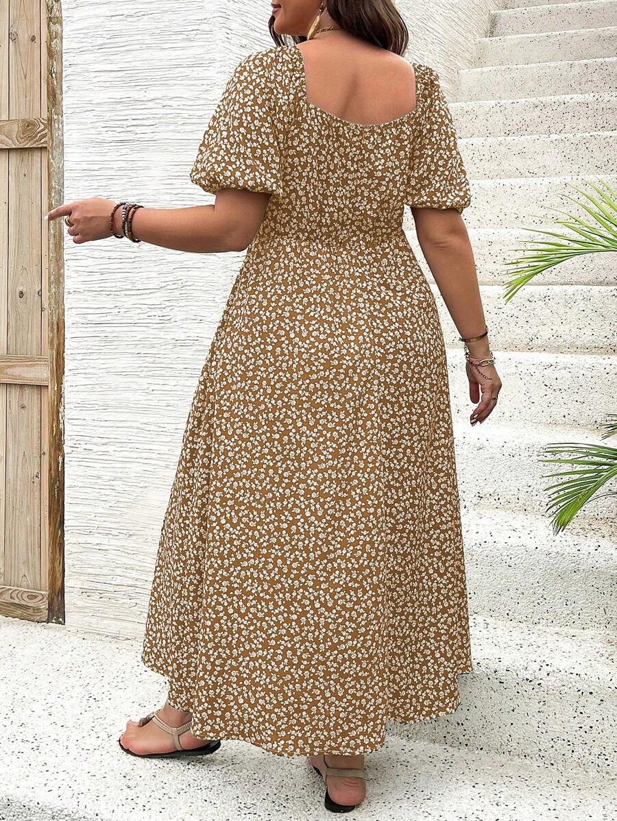 Breezaya Vestido de verano elegante de manga larga abultada, escote cuadrado, con corbata delantera y estampado floral diminuto, para vacaciones, talla grande, conjunto de mujer