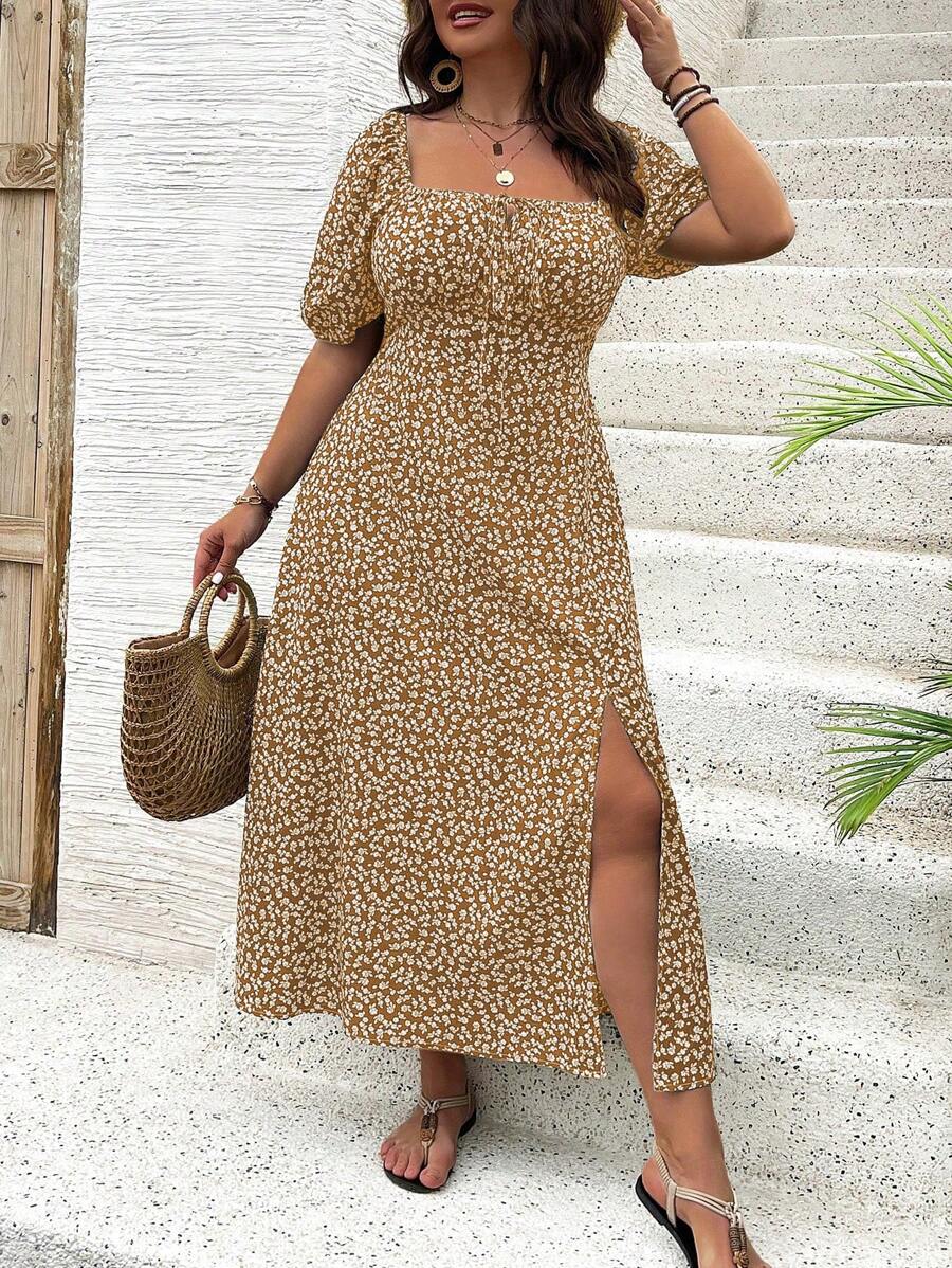 Breezaya Vestido de verano elegante de manga larga abultada, escote cuadrado, con corbata delantera y estampado floral diminuto, para vacaciones, talla grande, conjunto de mujer