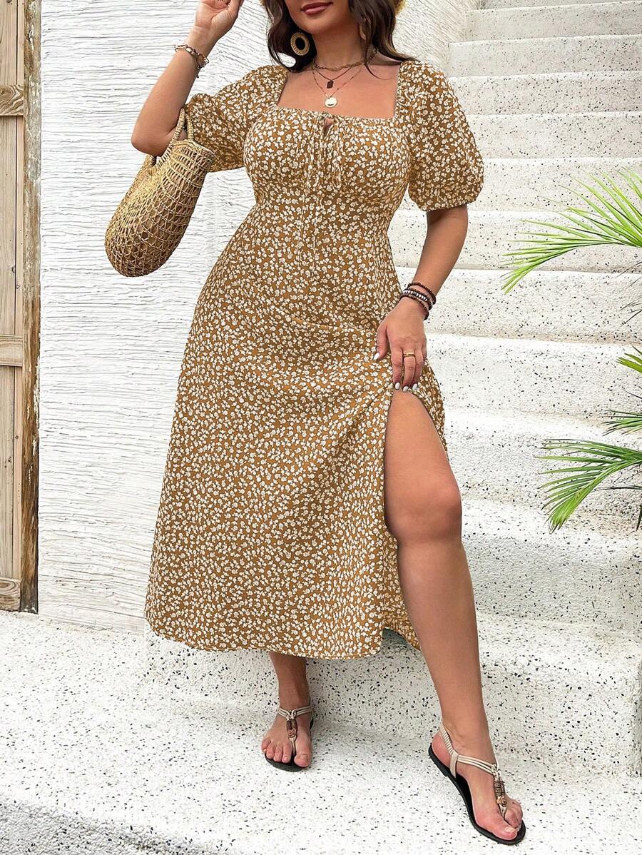 Breezaya Vestido de verano elegante de manga larga abultada, escote cuadrado, con corbata delantera y estampado floral diminuto, para vacaciones, talla grande, conjunto de mujer