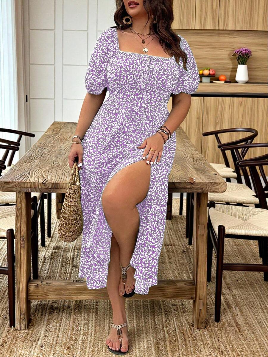 Breezaya Vestido de verano elegante de manga larga abultada, escote cuadrado, con corbata delantera y estampado floral diminuto, para vacaciones, talla grande, conjunto de mujer