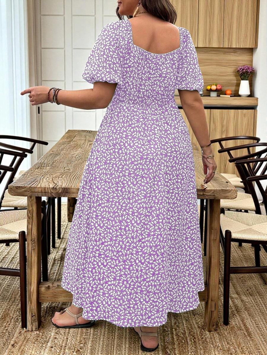 Breezaya Vestido de verano elegante de manga larga abultada, escote cuadrado, con corbata delantera y estampado floral diminuto, para vacaciones, talla grande, conjunto de mujer