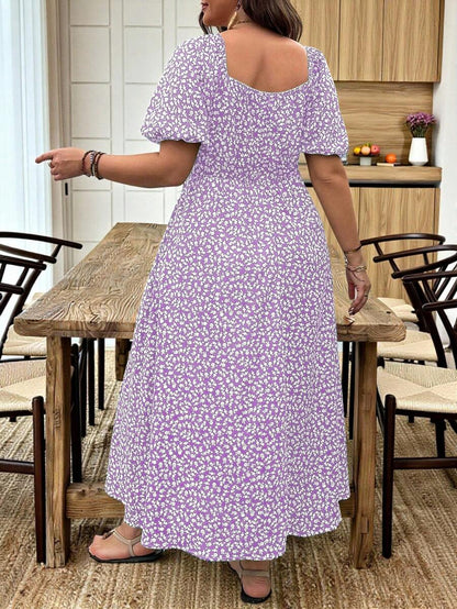 Breezaya Vestido de verano elegante de manga larga abultada, escote cuadrado, con corbata delantera y estampado floral diminuto, para vacaciones, talla grande, conjunto de mujer
