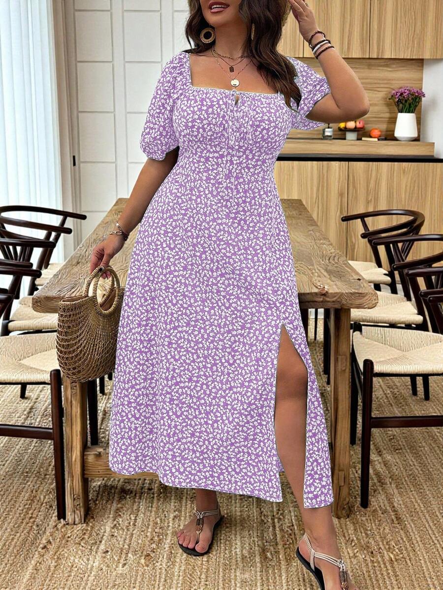 Breezaya Vestido de verano elegante de manga larga abultada, escote cuadrado, con corbata delantera y estampado floral diminuto, para vacaciones, talla grande, conjunto de mujer