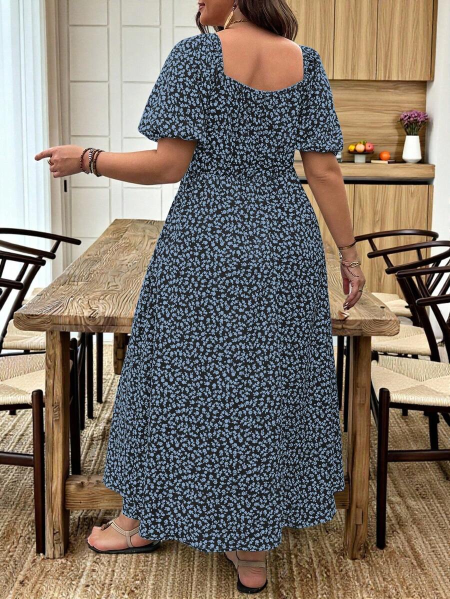 Breezaya Vestido de verano elegante de manga larga abultada, escote cuadrado, con corbata delantera y estampado floral diminuto, para vacaciones, talla grande, conjunto de mujer