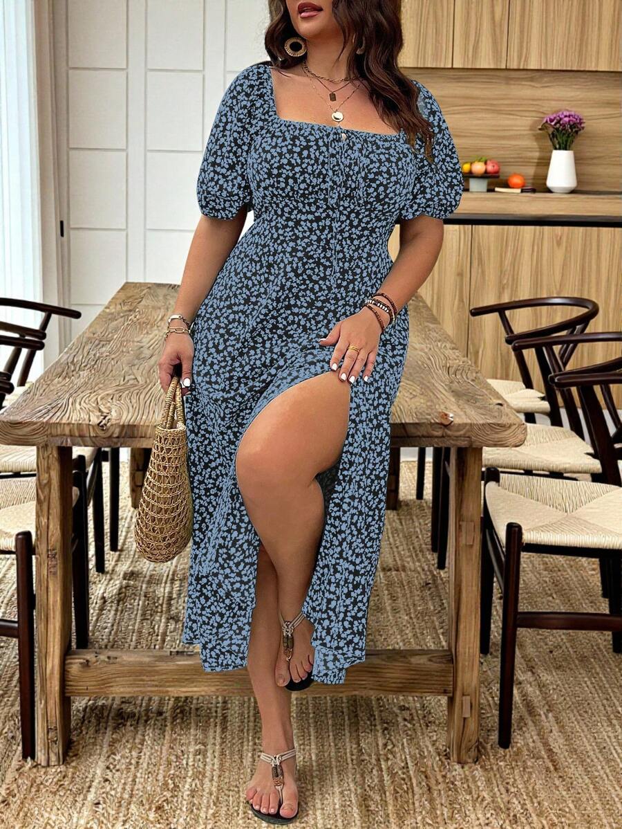Breezaya Vestido de verano elegante de manga larga abultada, escote cuadrado, con corbata delantera y estampado floral diminuto, para vacaciones, talla grande, conjunto de mujer