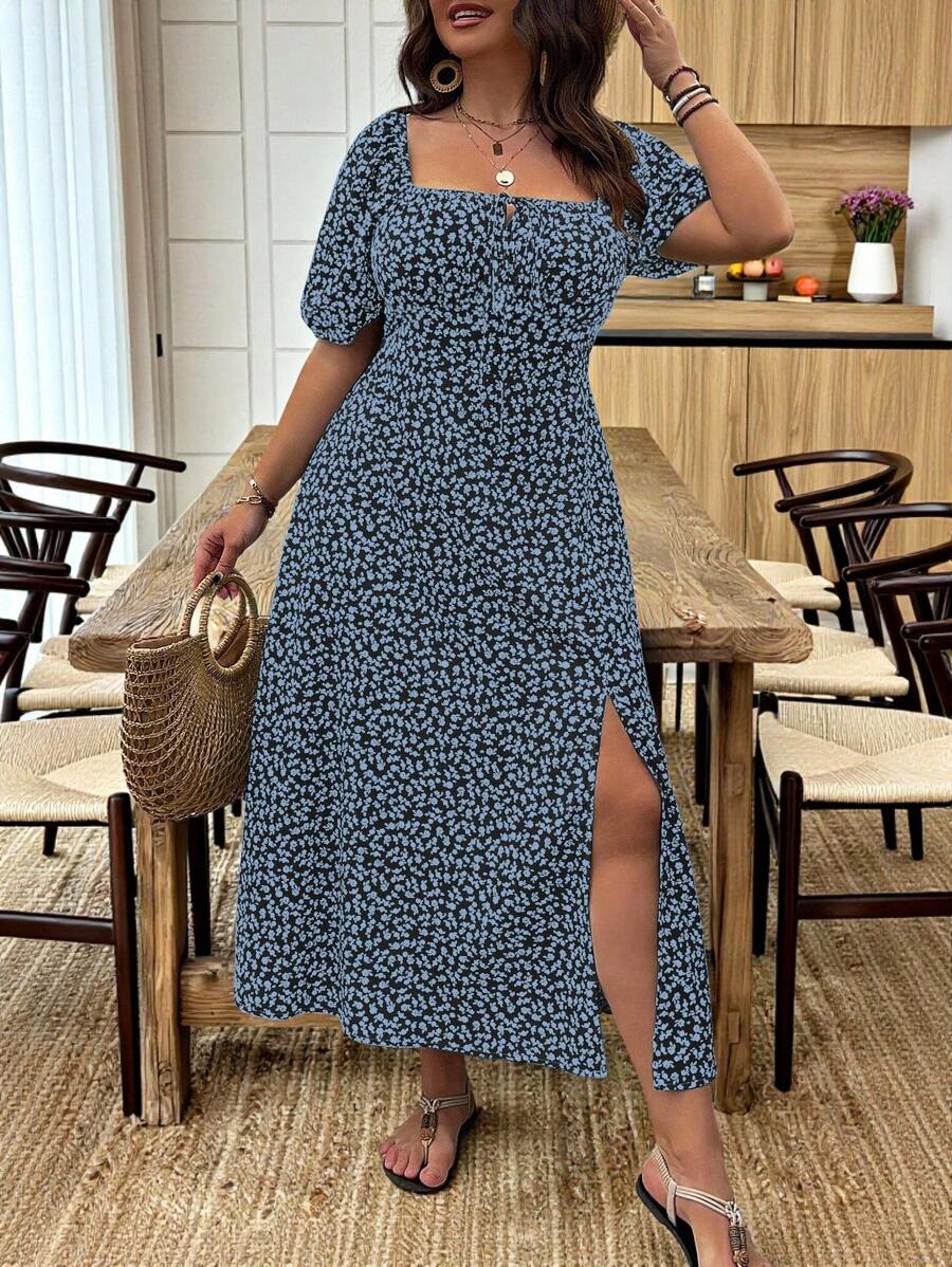 Breezaya Vestido de verano elegante de manga larga abultada, escote cuadrado, con corbata delantera y estampado floral diminuto, para vacaciones, talla grande, conjunto de mujer