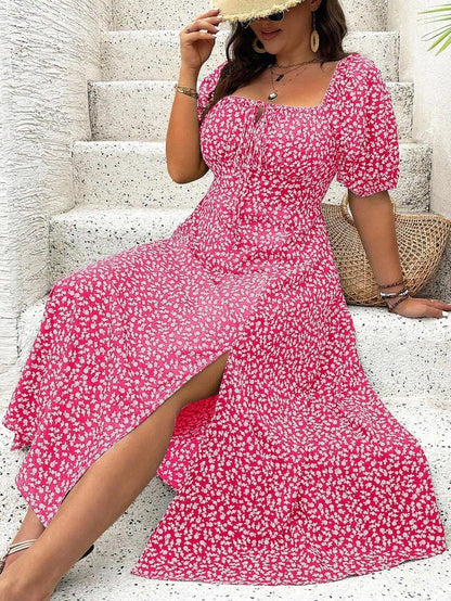 Breezaya Vestido de verano elegante de manga larga abultada, escote cuadrado, con corbata delantera y estampado floral diminuto, para vacaciones, talla grande, conjunto de mujer
